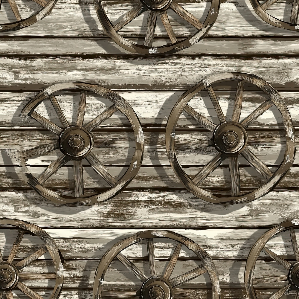 wagon wheels, weathered wood, rustic brown, sepia tones, western theme, vintage wheels, wooden spokes, barn wood, cowboy style, frontier design, old west, rustic pattern,, fabric panel, ranch decor, country western, aged wood texture, pioneer era, rustic charm