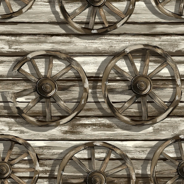 wagon wheels, weathered wood, rustic brown, sepia tones, western theme, vintage wheels, wooden spokes, barn wood, cowboy style, frontier design, old west, rustic pattern,, fabric panel, ranch decor, country western, aged wood texture, pioneer era, rustic charm