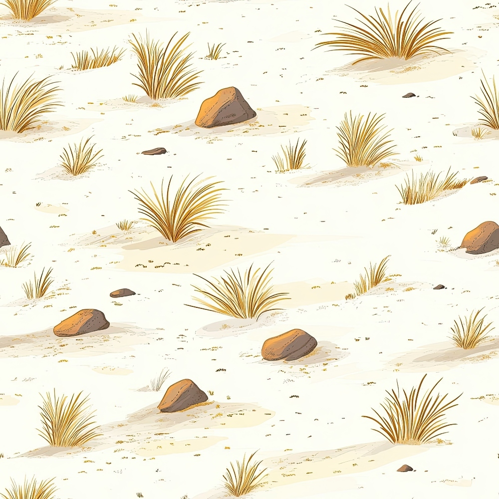 desert landscape, sandy beige, golden brown, orange rocks, dried grass, sparse vegetation, western theme, arid terrain, scattered stones,, fabric panel, earthy tones, southwestern style, desert flora, barren ground, dusty surface, natural elements, rugged landscape, warm palette