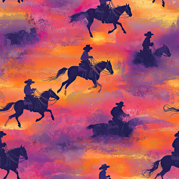 sunset colors, orange, pink, purple, magenta, cowboys, horses, western theme, silhouettes, riding horses, galloping horses, cowboy hats, dramatic sky, sunset scene,, fabric panel, western pattern, equestrian motif, ranch life, textured background