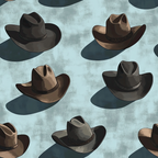 cowboy hats, western theme, brown hats, tan hats, gray hats, blue background, cloudy sky, hat shadows, ranch style,, fabric panel, western wear, country style, rustic pattern, outdoor theme, americana, hat collection, repeating pattern, muted tones, vintage western