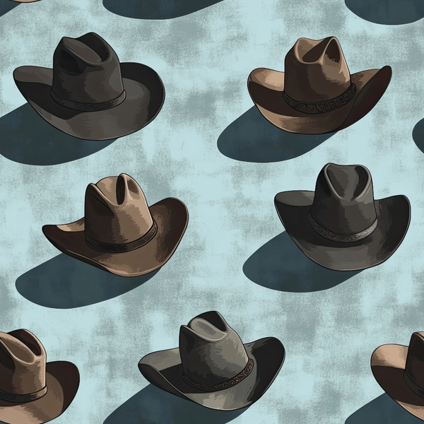 cowboy hats, western theme, brown hats, tan hats, gray hats, blue background, cloudy sky, hat shadows, ranch style,, fabric panel, western wear, country style, rustic pattern, outdoor theme, americana, hat collection, repeating pattern, muted tones, vintage western