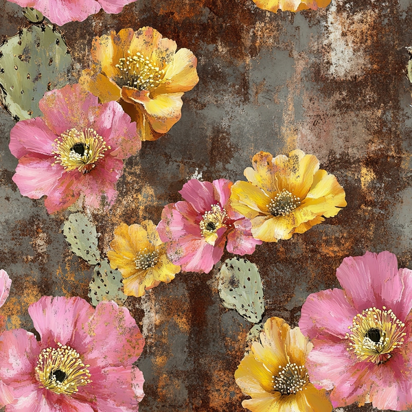 cactus flowers, pink blooms, yellow flowers, orange petals, prickly pear cactus, desert flora, rustic background, weathered texture, southwestern style, floral pattern,, fabric panel, botanical design, coral pink, golden yellow, sage green, vintage feel, distressed surface, blooming cacti, desert theme