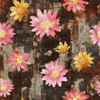 pink flowers, yellow flowers, coral blooms, rustic background, weathered texture, floral pattern, daisy-like flowers,, fabric panel, distressed surface, botanical design, spring florals, scattered blooms, vintage style, crafting material, sewing fabric, feminine colors, nature motifs, cottage core, rusty patina
