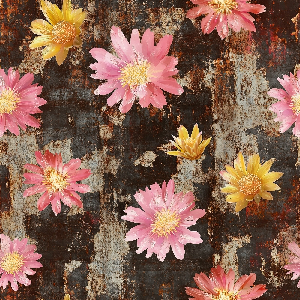 pink flowers, yellow flowers, coral blooms, rustic background, weathered texture, floral pattern, daisy-like flowers,, fabric panel, distressed surface, botanical design, spring florals, scattered blooms, vintage style, crafting material, sewing fabric, feminine colors, nature motifs, cottage core, rusty patina