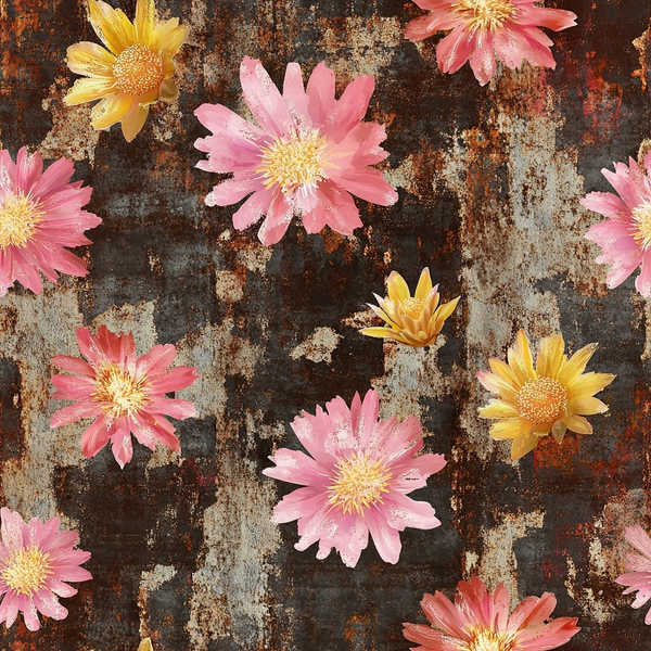 pink flowers, yellow flowers, coral blooms, rustic background, weathered texture, floral pattern, daisy-like flowers,, fabric panel, distressed surface, botanical design, spring florals, scattered blooms, vintage style, crafting material, sewing fabric, feminine colors, nature motifs, cottage core, rusty patina
