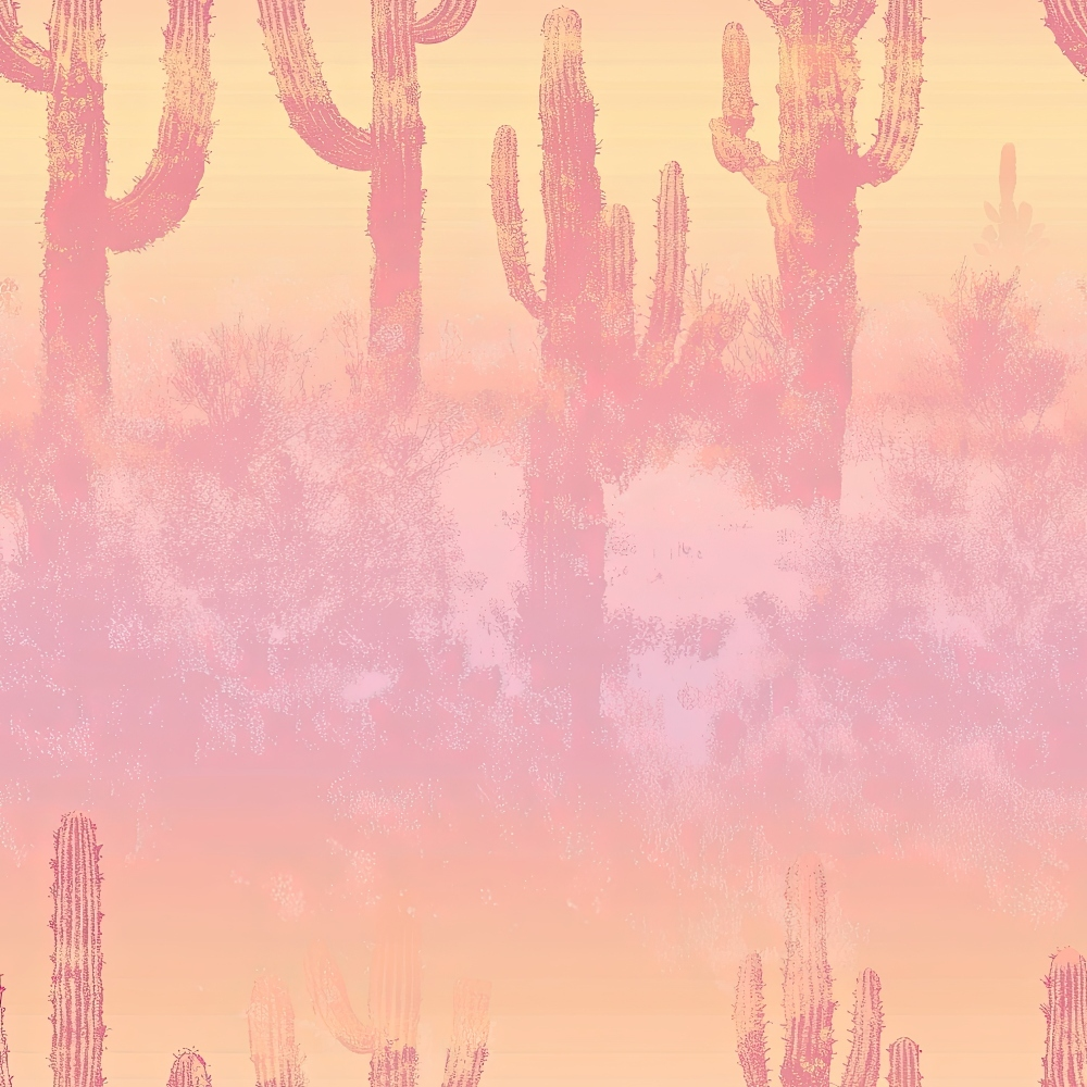 fabric panel, desert landscape, cactus silhouettes, saguaro cacti, pink gradient, peach tones, coral hues, southwestern theme, desert plants, dusty rose, sunset colors, western motif, botanical design, desert scene, soft pastels, nature pattern, arizona landscape, warm palette, desert flora