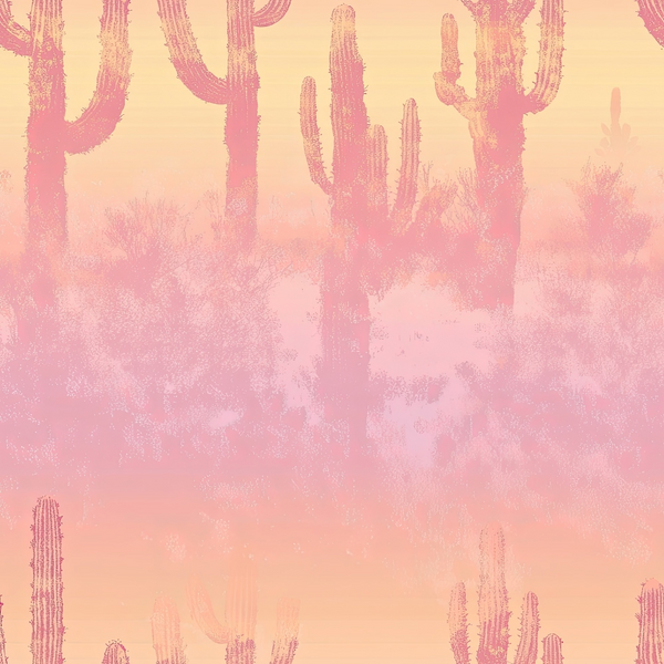fabric panel, desert landscape, cactus silhouettes, saguaro cacti, pink gradient, peach tones, coral hues, southwestern theme, desert plants, dusty rose, sunset colors, western motif, botanical design, desert scene, soft pastels, nature pattern, arizona landscape, warm palette, desert flora