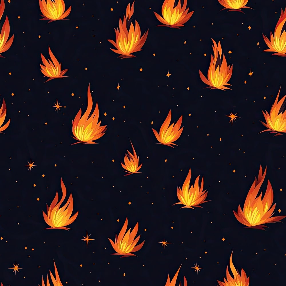 dark navy background, orange flames, yellow fire, scattered flames, starry night, celestial sparkles, geometric stars, fire pattern, repeating motif,, fabric panel, western theme, campfire elements, night sky, orange gradient, flame shapes, scattered design, cotton fabric, dark background, fiery orange