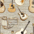 beige, tan, brown, cream, acoustic guitars, wooden barrel, vintage instruments, western theme, country music, rustic style, distressed texture, musical pattern,, fabric panel, weathered wood, folk instruments, earthy tones, music themed, cotton fabric, repeating motifs