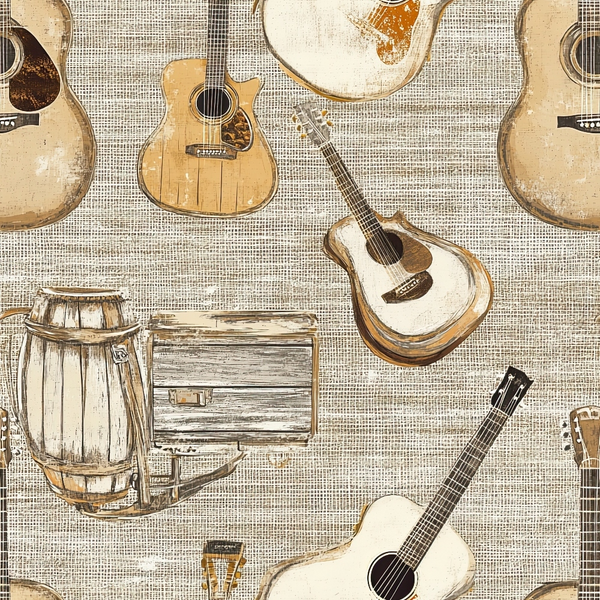 beige, tan, brown, cream, acoustic guitars, wooden barrel, vintage instruments, western theme, country music, rustic style, distressed texture, musical pattern,, fabric panel, weathered wood, folk instruments, earthy tones, music themed, cotton fabric, repeating motifs