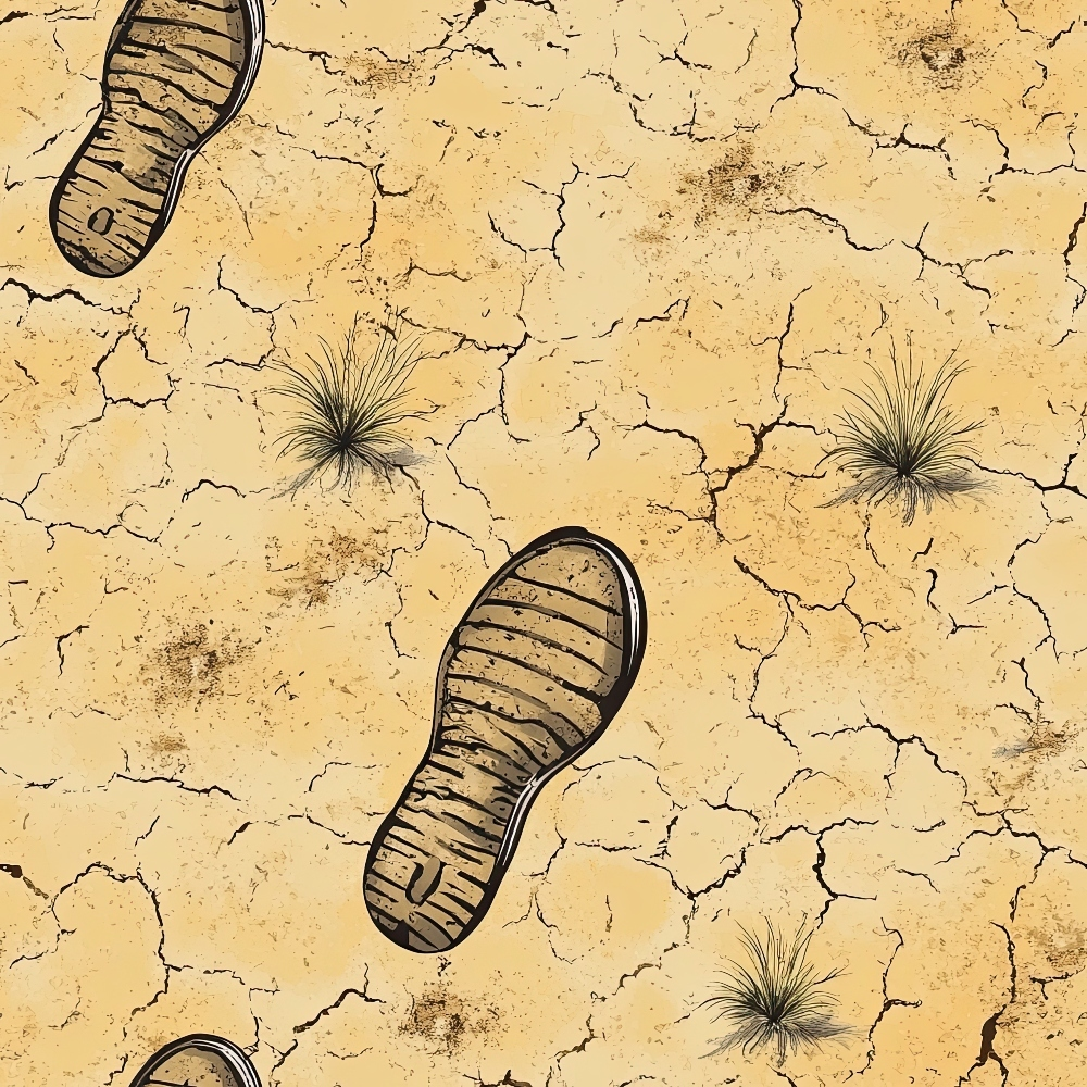 tan, beige, brown, cracked earth, desert ground, boot prints, footprints, dried grass tufts, arid landscape, western theme, drought pattern, parched soil, hiking boots, outdoor adventure,, fabric panel, rustic design, earth tones, nature motif, wilderness scene