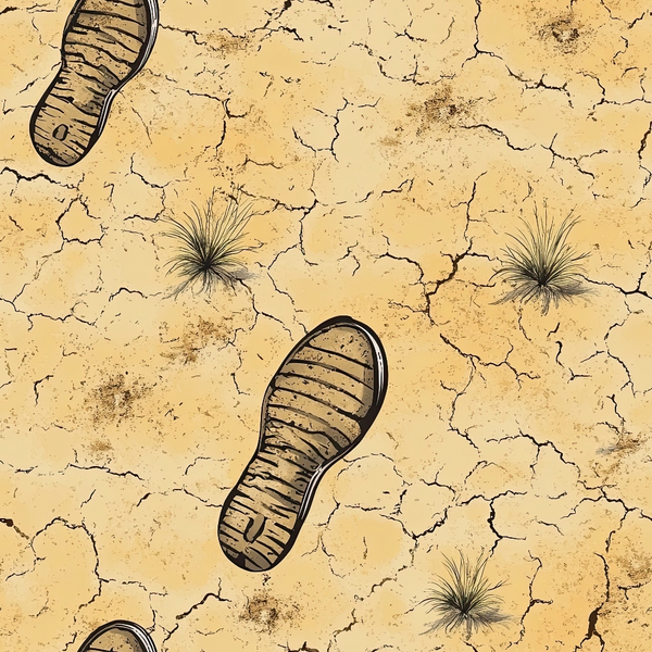 tan, beige, brown, cracked earth, desert ground, boot prints, footprints, dried grass tufts, arid landscape, western theme, drought pattern, parched soil, hiking boots, outdoor adventure,, fabric panel, rustic design, earth tones, nature motif, wilderness scene
