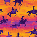 sunset colors, cowboys, horses, western theme, silhouettes, orange background, purple figures, pink sky, yellow hues, riding horses, ranch scene,, fabric panel, cowboy hats, galloping horses, desert sunset, western artwork, horse riders, vibrant colors, southwestern style