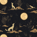 black background, golden yellow, cream colored, full moon, howling wolves, coyotes, desert landscape, rocky terrain, desert plants, grasses, starry night, nocturnal scene, wildlife pattern, repeating motif,, fabric panel, southwestern theme, moonlit scene, animal silhouettes, nature design