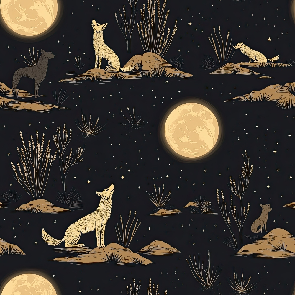 black background, golden yellow, cream colored, full moon, howling wolves, coyotes, desert landscape, rocky terrain, desert plants, grasses, starry night, nocturnal scene, wildlife pattern, repeating motif,, fabric panel, southwestern theme, moonlit scene, animal silhouettes, nature design