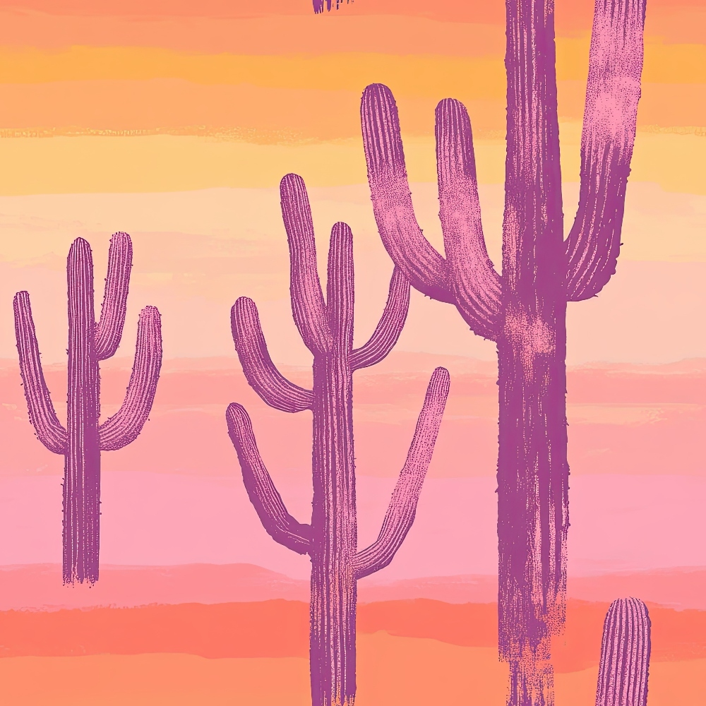 fabric panel, saguaro cactus, desert landscape, southwestern design, sunset sky, orange gradient, pink hues, purple silhouettes, arizona scenery, western theme, nature illustration, warm colors, peach tones, coral shades, desert flora, minimalist art, serene mood, botanical print, outdoor scene