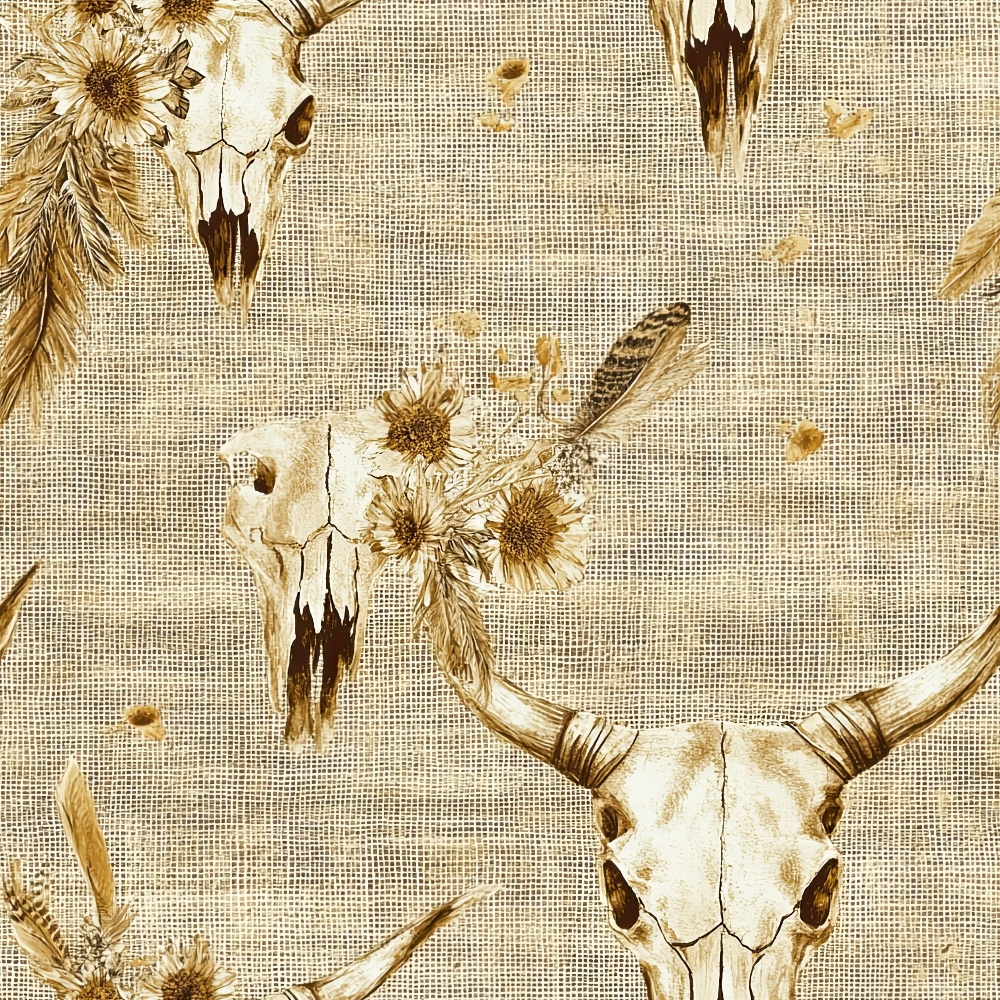 beige, tan, cream, brown, western, southwestern, bull skull, cow skull, animal skulls, feathers, sunflowers, floral motifs, rustic, bohemian, tribal,, fabric panel, natural tones, desert theme, ranch style