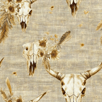 beige, tan, cream, brown, western, southwestern, bull skull, cow skull, animal skulls, feathers, sunflowers, floral motifs, rustic, bohemian, tribal,, fabric panel, natural tones, desert theme, ranch style