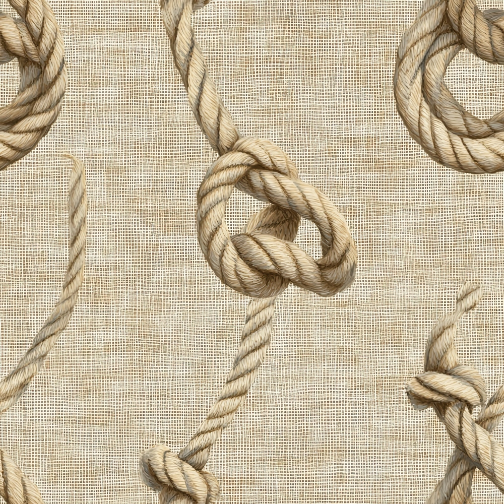 rope pattern, nautical knots, twisted rope, beige background, tan colors, natural linen texture, maritime theme, sailing motif, rope knots, burlap texture, woven fabric,, neutral tones, seafaring design, rope detailing, textured background, coastal theme, marine elements, fabric panel, rope illustrations