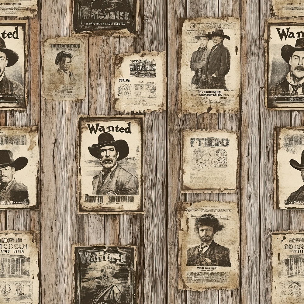 beige, brown, sepia, vintage wanted posters, western outlaws, cowboys, mustached men, weathered wood planks, distressed paper, old west, rustic, aged appearance,, fabric panel, nostalgic, frontier theme, historical figures, antique style, worn textures
