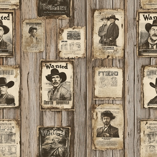 beige, brown, sepia, vintage wanted posters, western outlaws, cowboys, mustached men, weathered wood planks, distressed paper, old west, rustic, aged appearance,, fabric panel, nostalgic, frontier theme, historical figures, antique style, worn textures