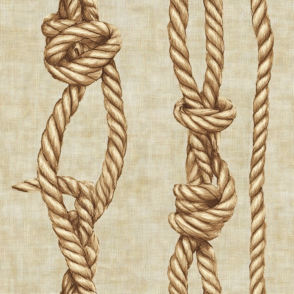 rope knots, nautical design, beige background, brown rope, twisted cord, maritime theme, sailing knots, natural fiber texture,, fabric panel, western ranch, cowboy rope, lasso knots, tan colorway, rope pattern, rustic style, outdoor adventure, rope work, knot tying, cream base