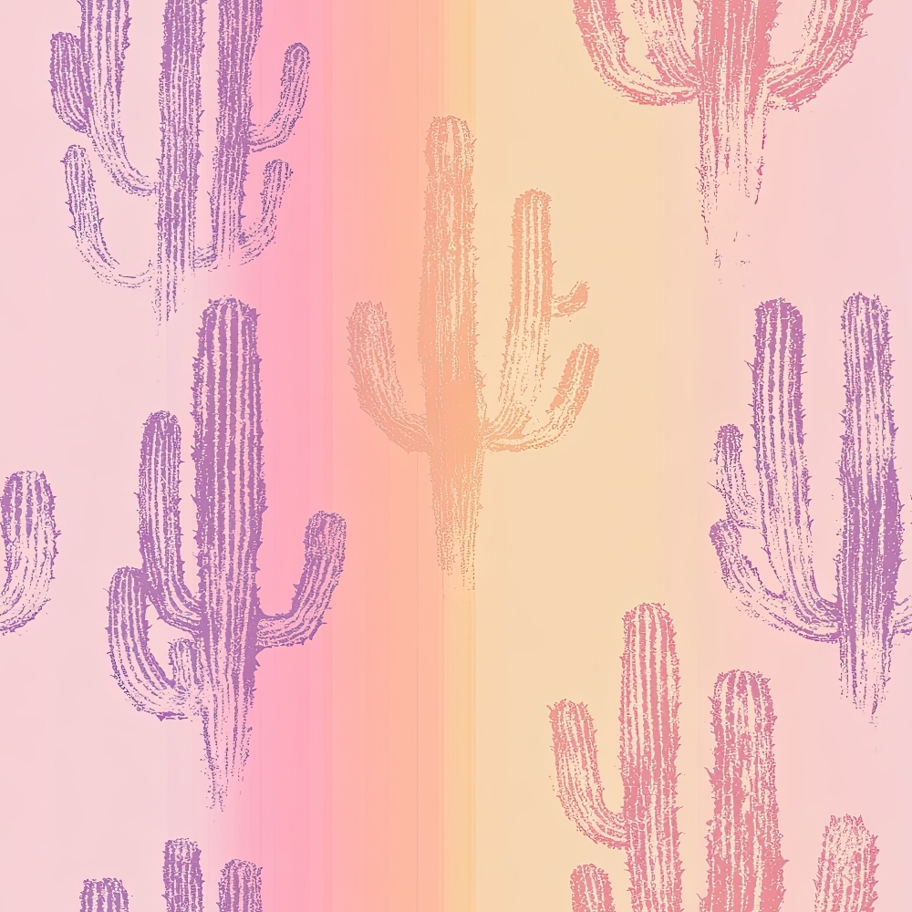 pink, purple, coral, peach, gradient background, cactus pattern, saguaro cactus, desert theme, southwestern, sketched style, botanical print,, fabric panel, pastel colors, sunset hues, repeating pattern, western motif, desert plants, hand-drawn effect, crafting fabric
