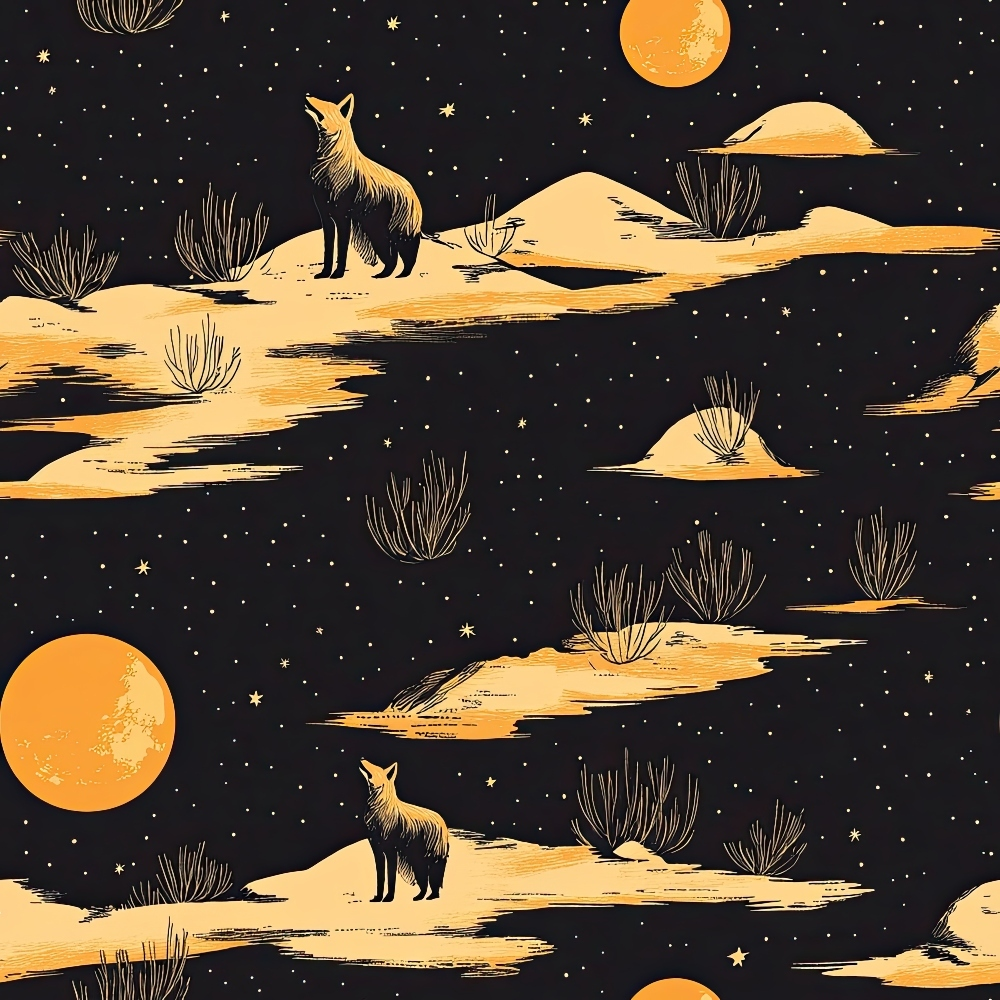 black background, orange moon, golden yellow, desert landscape, fox silhouette, starry night, southwestern pattern, desert plants, nocturnal scene,, fabric panel, celestial design, wildlife motif, desert theme, night sky, warm tones, repeating pattern, nature scene, moon phases, desert fox