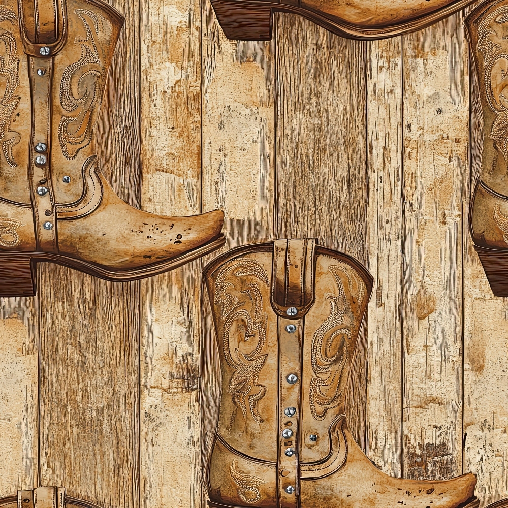 brown, tan, beige, cowboy boots, western boots, leather boots, wood planks, rustic wood, weathered wood, ornate stitching, decorative patterns, western theme, country style,, fabric panel, vintage look, distressed texture, boot motif, ranch style, earthy tones