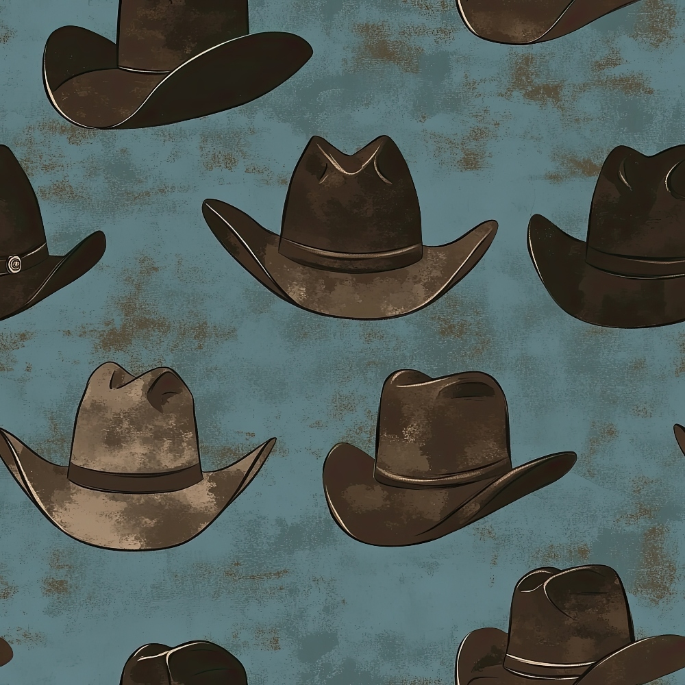dusty blue, brown, cowboy hats, western wear, scattered pattern, vintage style, weathered texture, rustic, ranch theme,, fabric panel, country western, distressed look, cowboy accessories, americana, outdoor theme, masculine colors, hat collection, repeating motif, textured background
