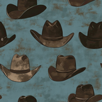 dusty blue, brown, cowboy hats, western wear, scattered pattern, vintage style, weathered texture, rustic, ranch theme,, fabric panel, country western, distressed look, cowboy accessories, americana, outdoor theme, masculine colors, hat collection, repeating motif, textured background