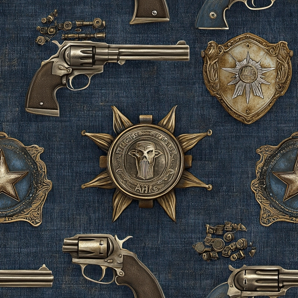 navy blue, bronze, metallic gold, western theme, revolvers, pistols, sheriff badges, star badges, cowboy guns, vintage firearms, denim texture,, fabric panel, old west, lawman accessories, antique brass, repeating pattern, cowboy motifs, western americana, gunslinger theme