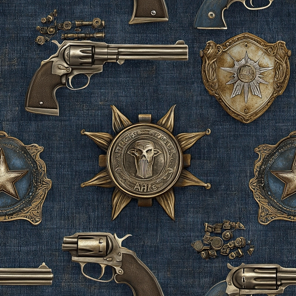 navy blue, bronze, metallic gold, western theme, revolvers, pistols, sheriff badges, star badges, cowboy guns, vintage firearms, denim texture,, fabric panel, old west, lawman accessories, antique brass, repeating pattern, cowboy motifs, western americana, gunslinger theme