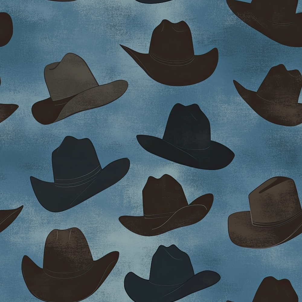 cowboy hats, western theme, blue background, brown hats, black hats, scattered pattern, ranch style,, fabric panel, country western, hat silhouettes, denim blue, chocolate brown, repeating motif, rustic appeal, outdoor adventure, americana style, cowboy culture