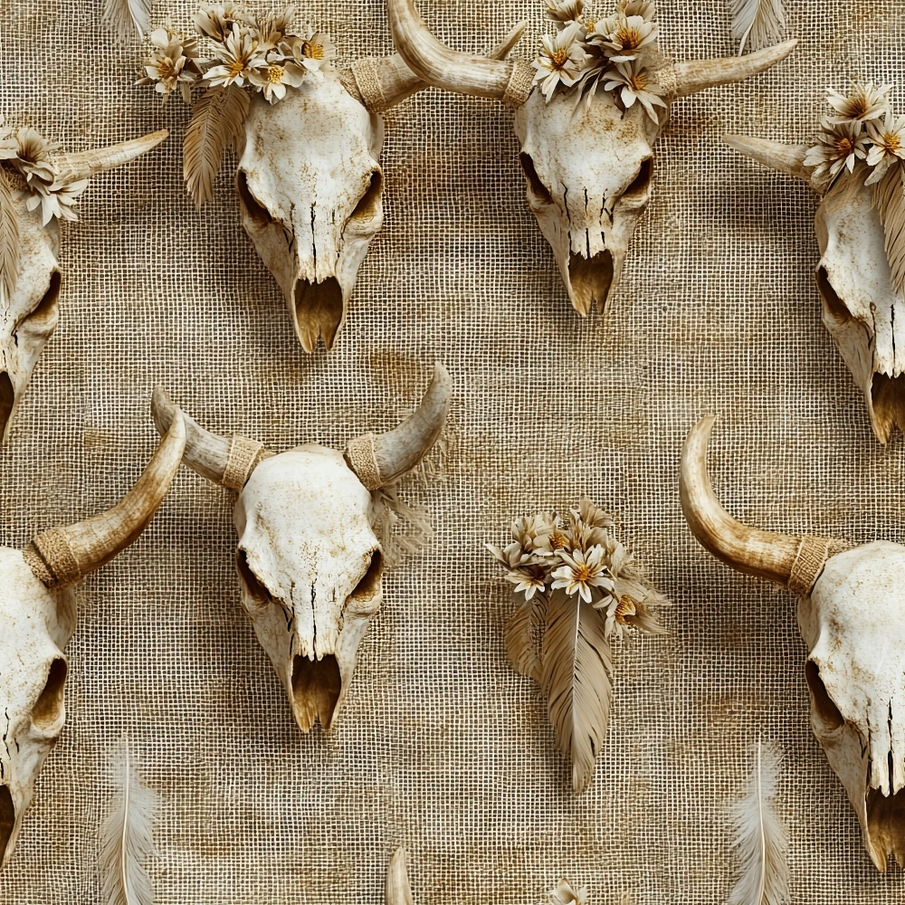 beige, tan, cream, ivory, bull skulls, cow skulls, horns, feathers, flowers, floral accents, western, southwestern, rustic, bohemian, animal skulls,, fabric panel, neutral tones, desert motif, tribal elements, natural textures
