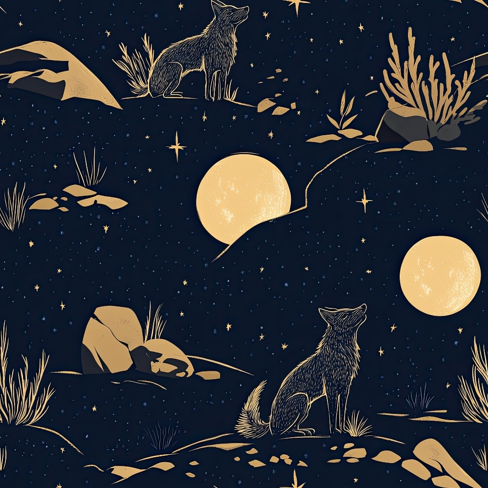 navy blue, golden yellow, cream, night sky, stars, moon, coyotes, wolves, desert plants, rocks, southwestern, celestial, wildlife,, fabric panel, mystical, nocturnal, desert landscape, repeating pattern, silhouettes
