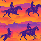 orange, purple, pink, cowboys, horses, western, silhouettes, mountains, sunset, desert landscape, riders, galloping horses, gradient colors, vibrant hues,, fabric panel, southwestern, ranch scene, equestrian, outdoor adventure