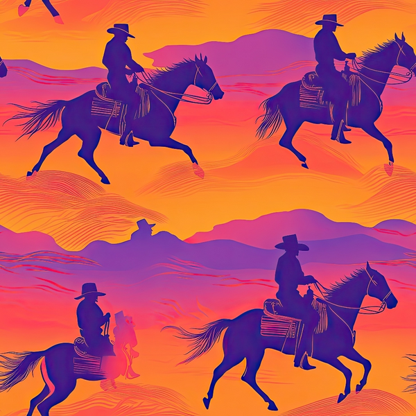 orange, purple, pink, cowboys, horses, western, silhouettes, mountains, sunset, desert landscape, riders, galloping horses, gradient colors, vibrant hues,, fabric panel, southwestern, ranch scene, equestrian, outdoor adventure