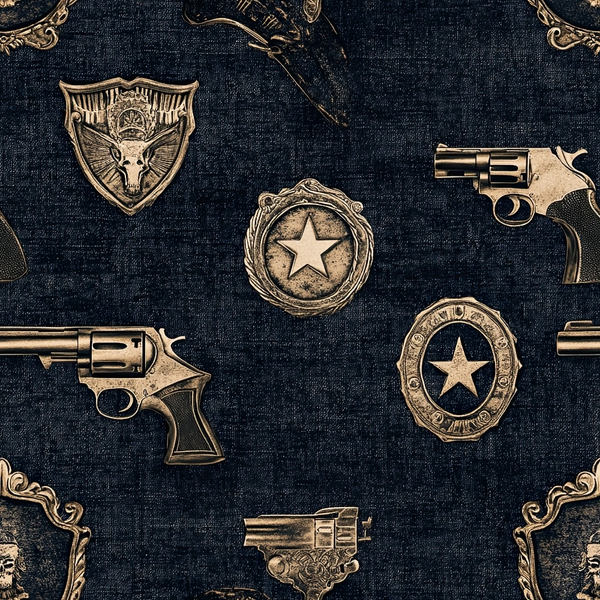 dark navy, bronze, gold, western theme, cowboy revolvers, sheriff badges, star emblems, vintage pistols, metallic finish,, fabric panel, americana, law enforcement, old west, distressed texture, repeating pattern, decorative shields, antique firearms, rustic design, cowboy motifs