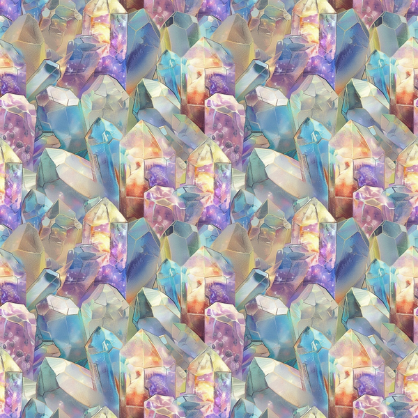 Pattern of colorful, reflective crystals with shades of blue, purple, orange, and pink, arranged closely together, creating a vibrant and iridescent texture.