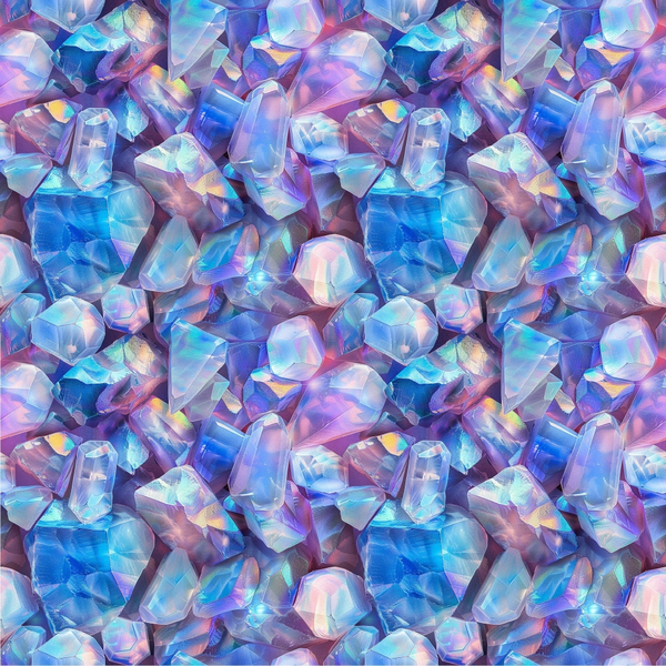 Seamless pattern of iridescent, translucent gemstones in shades of blue, pink, and purple, creating a kaleidoscopic effect.