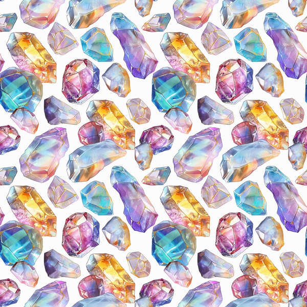 Pattern of colorful, faceted gemstones in various shapes on a white background.