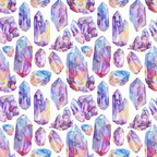 Pattern of watercolor crystals in various shapes and colors, including purple, pink, and blue, on a white background.