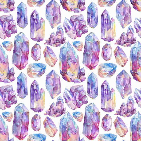 Pattern of watercolor crystals in various shapes and colors, including purple, pink, and blue, on a white background.