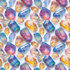 Colorful gemstones in shades of blue, pink, orange, and purple are arranged on a white background.