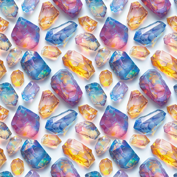 Colorful gemstones in shades of blue, pink, orange, and purple are arranged on a white background.