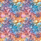 An array of colorful, translucent crystals in hues of pink, blue, orange, and purple, closely packed together, creating a vibrant, abstract pattern.