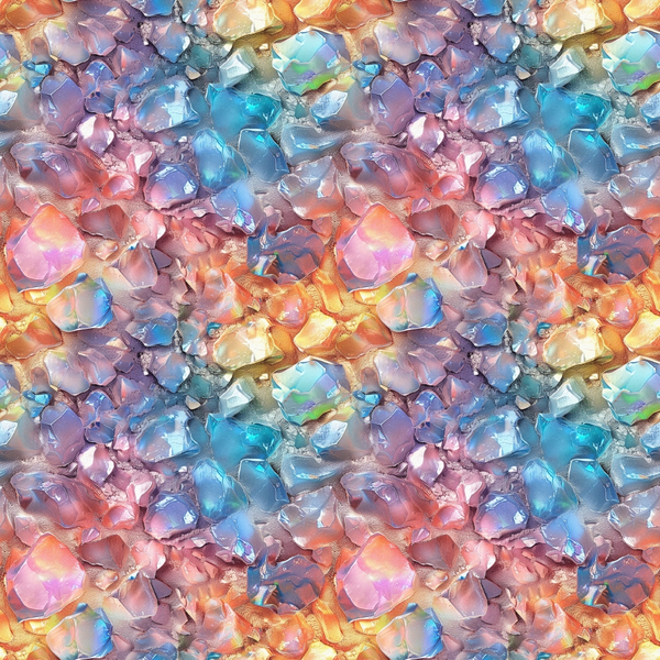 An array of colorful, translucent crystals in hues of pink, blue, orange, and purple, closely packed together, creating a vibrant, abstract pattern.