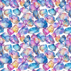 Pattern of colorful, faceted crystals in pink, purple, blue, and yellow hues on a white background.